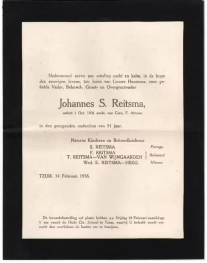 Rouwbrief Tzum Reitsma Attema Parrega Bolsward 1938., Ophalen of Verzenden, Rouwkaart