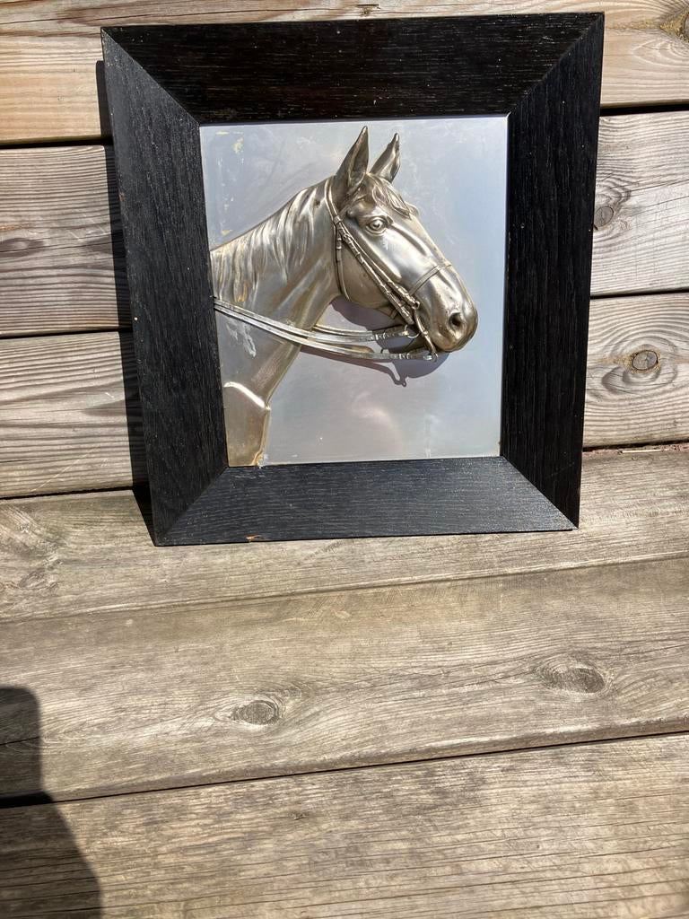 Ingelijst paardenhoofd reliëf - Metaal, Zilver, Ophalen of Verzenden, Zoogdier, Wanddecoratie
