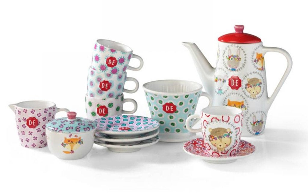 Douwe Egberts kinderservies (12-delig), Ophalen of Verzenden, Zo goed als nieuw, Overige stijlen, Aardewerk