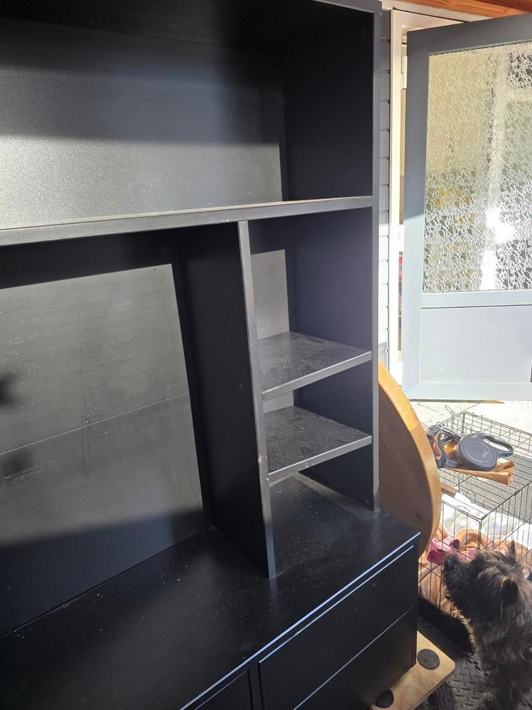 Zwart dressoir met open vakken en lades, Modern en functioneel, Gebruikt, 100 tot 150 cm, 100 tot 150 cm