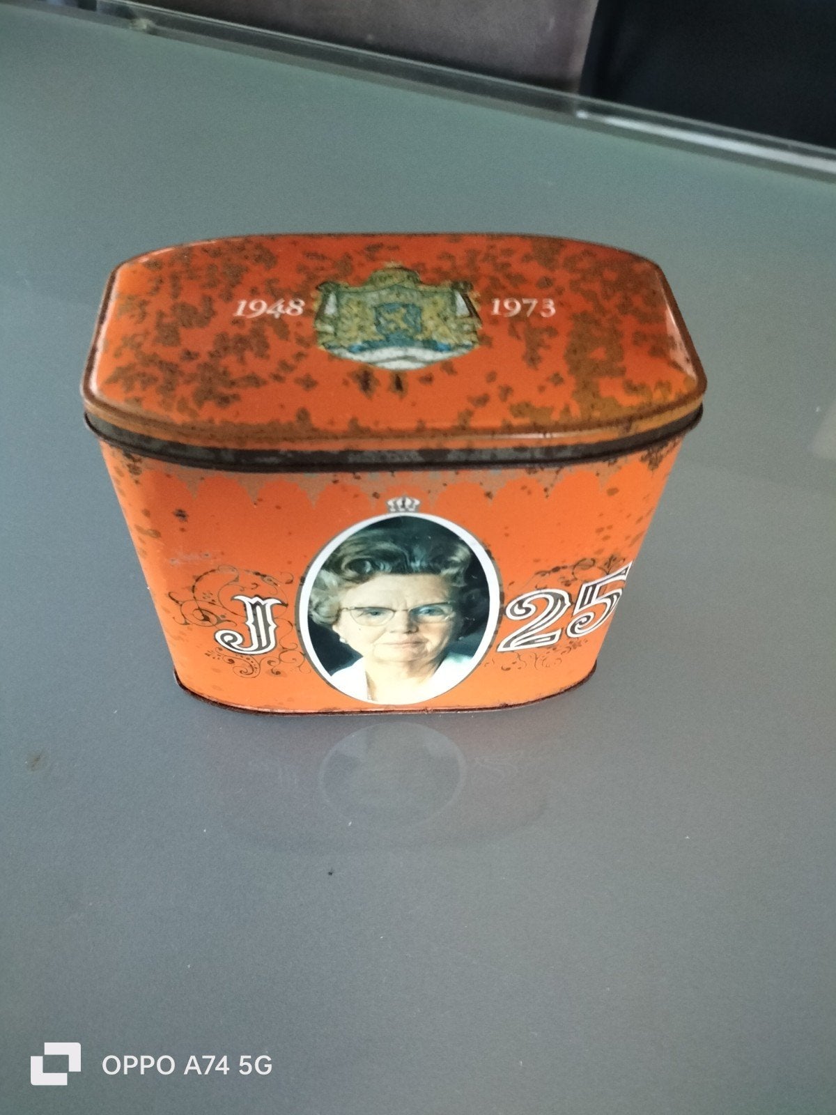 Vintage blik Juliana 25 jaar regeringsjubileum 1948-1973, Ophalen of Verzenden