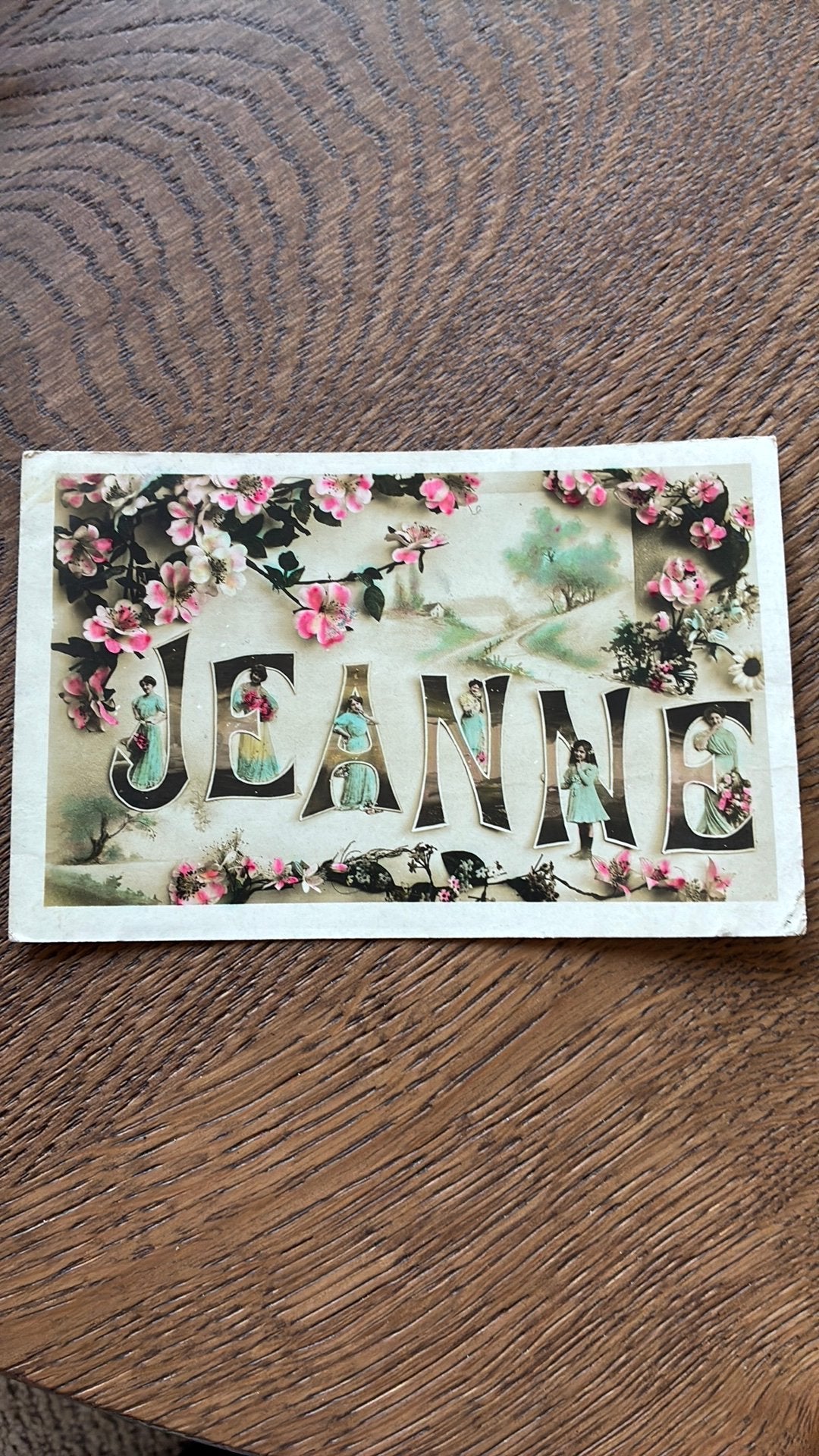 JEANNE. Kaart met naam Jeanne, portretjes in de letters, Ophalen of Verzenden, Voor 1920, Gelopen