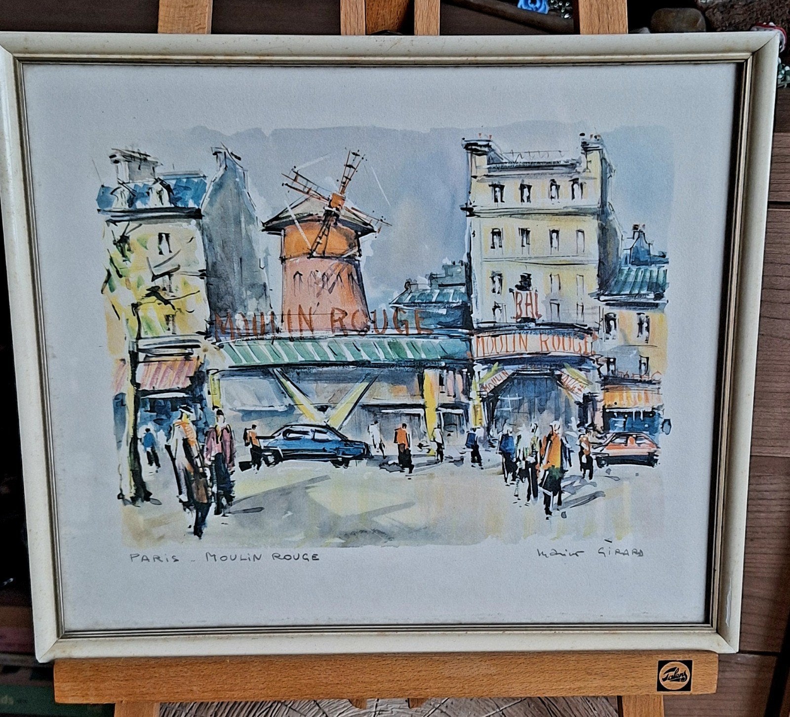 Vintage Litho "Paris-Moulin Rouge" Marius Girard  ingelijst, Gesigneerd, Overige onderwerpen, Ophalen of Verzenden, Lithografie