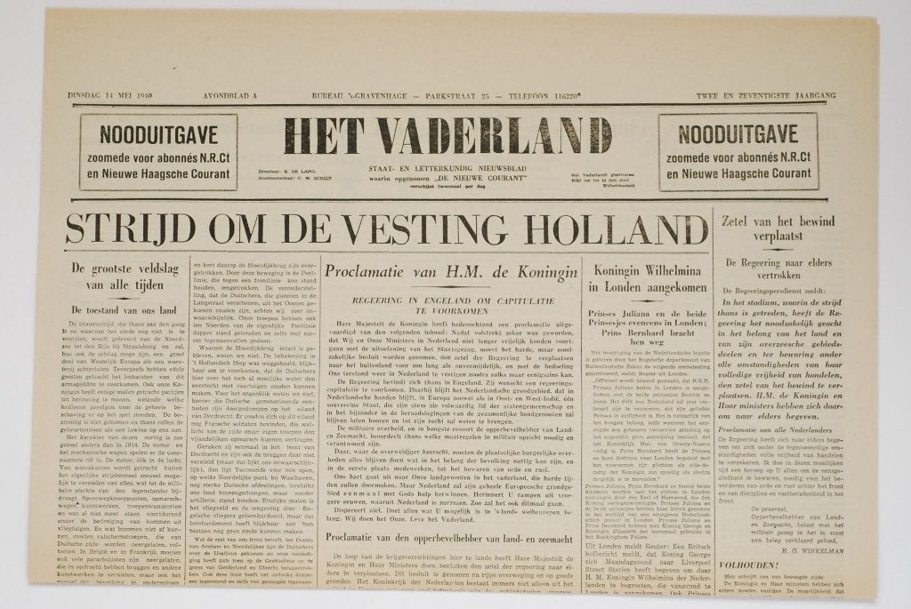 Het Vaderland - Nooduitgave 14 mei 1940 | Herdruk krant WOII
