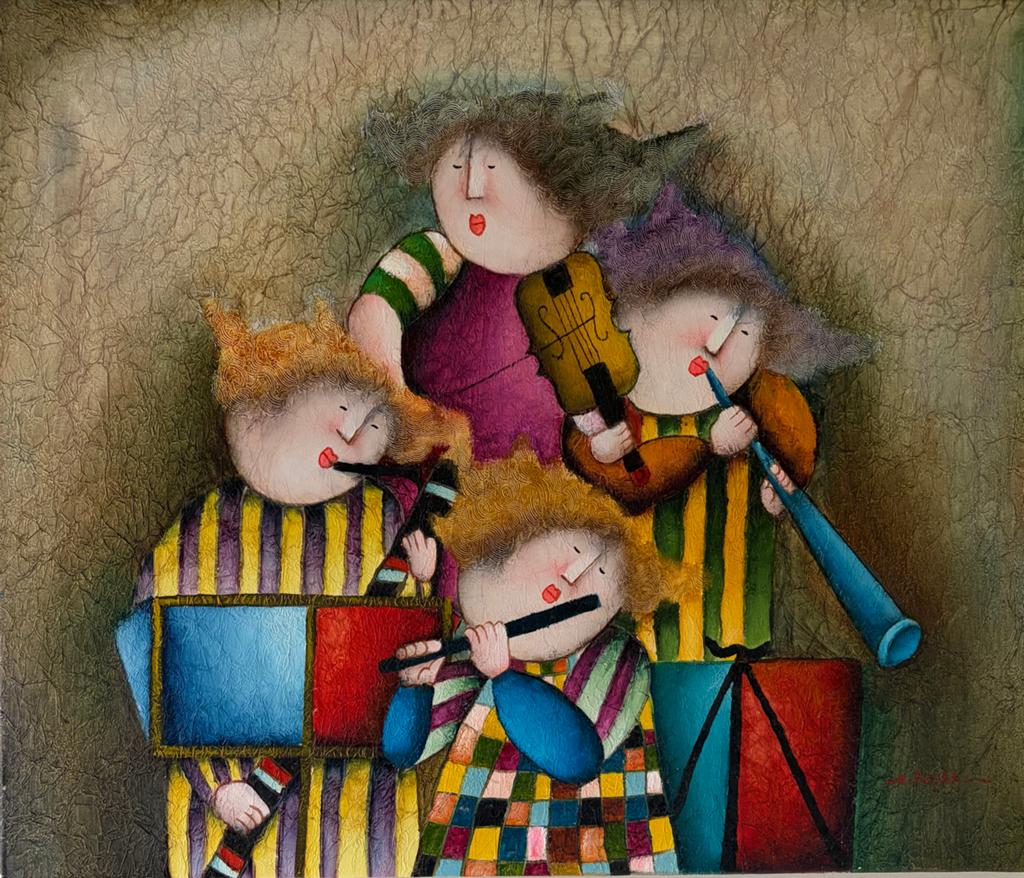 Schilderij van muzikanten gesigneerd J. Roybal, Antiek en Kunst, Ophalen of Verzenden