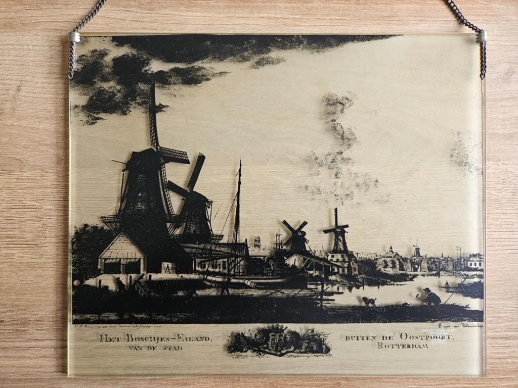 Opdruk op glas van Breijer Rotterdam 28,5 x 23,5 cm, Antiek en Kunst, Kunst | Etsen en Gravures, 1950 - 1999, Ophalen of Verzenden