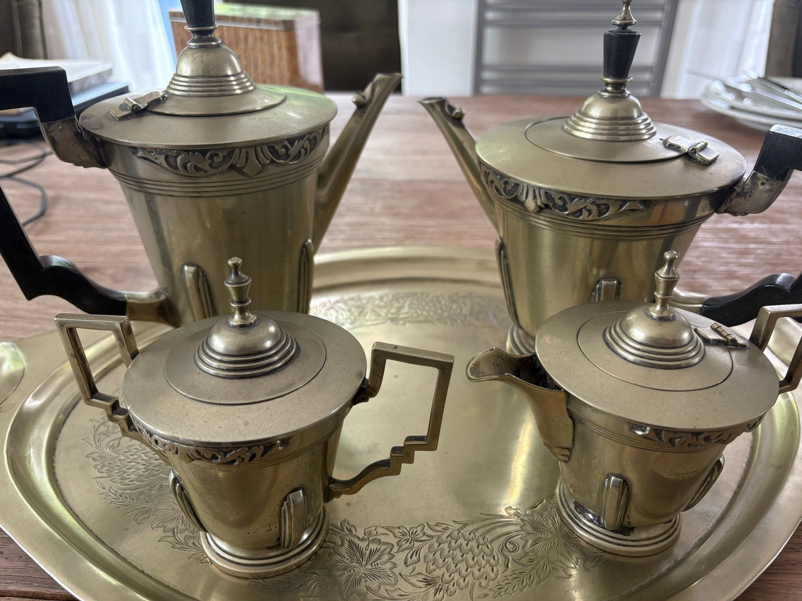 Art deco verzilverd koffie-en theeservies met dienblad., Antiek en Kunst, Antiek | Servies compleet, Ophalen of Verzenden