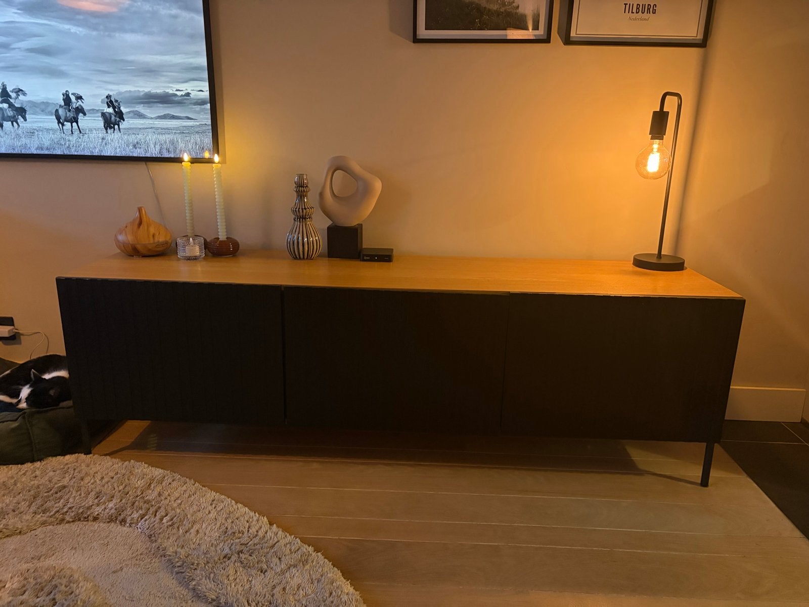 Grenen houten kast met zwarte latjes deuren merk Woood, Huis en Inrichting, Ophalen, Gebruikt
