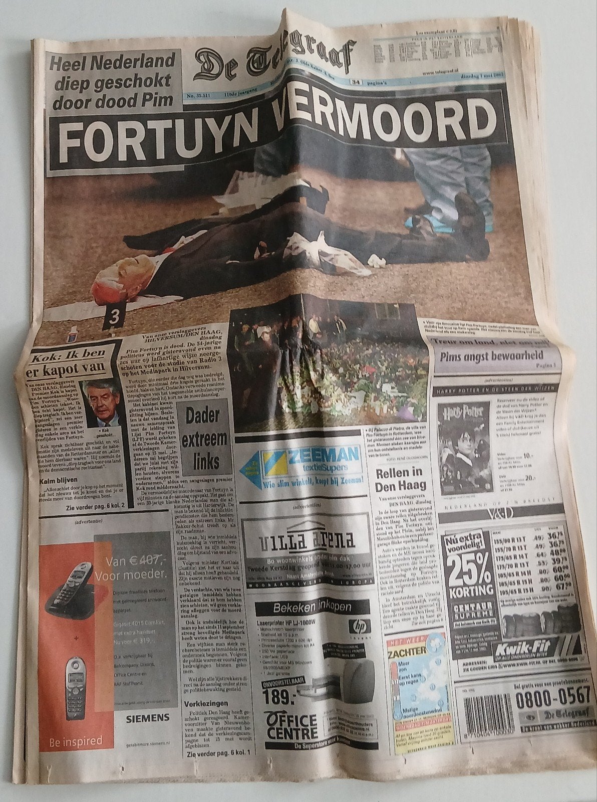 De Telegraaf - Pim Fortuyn Vermoord - 7 mei 2002, Boeken, Tijdschriften en Kranten, Ophalen of Verzenden, Gelezen, Krant