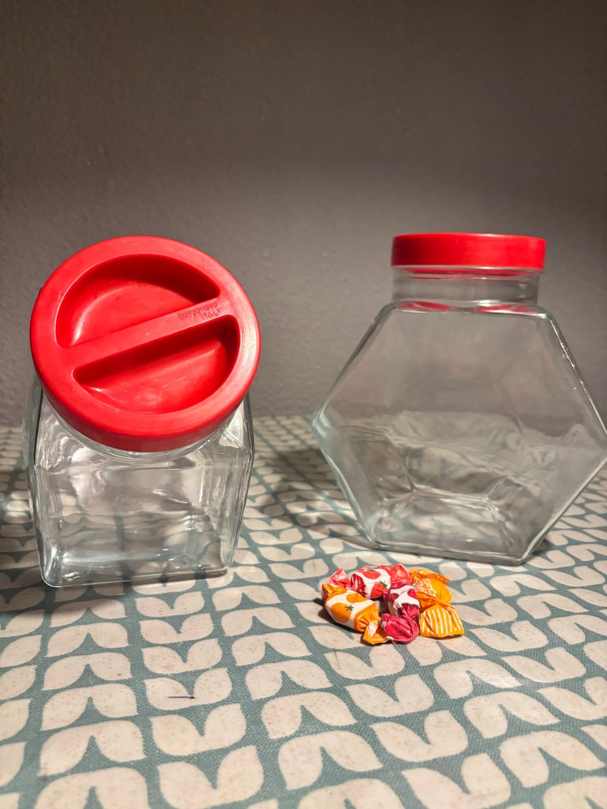 2x Vintage Glazen Koekjes-/Snoeppot Borgonovo Italië, Huis en Inrichting, Vintage, Ophalen of Verzenden, Zo goed als nieuw, Glas