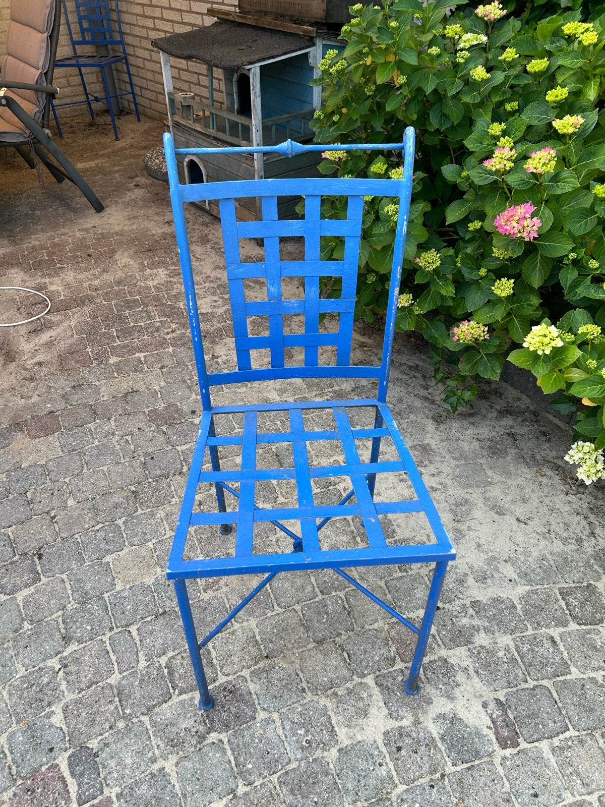 Blauwe ijzeren tuinstoel - Gebruikt, Tuin en Terras, Tuinstoelen, Ophalen of Verzenden, Gebruikt, Metaal