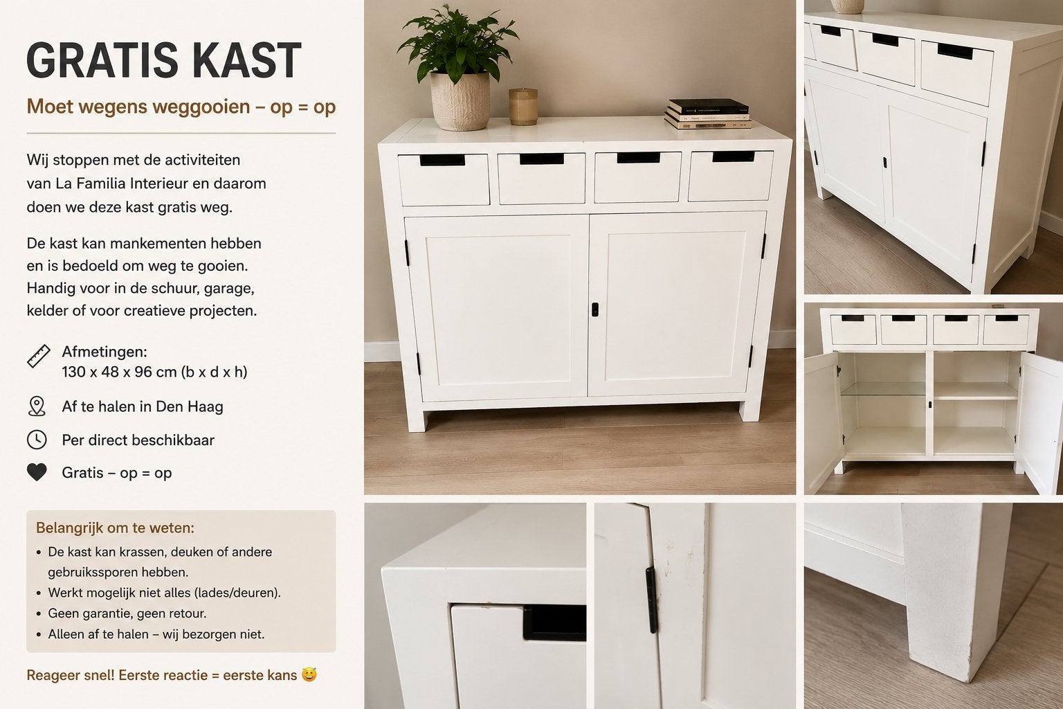 Gratis kast met lades en deuren - Ideaal voor opslag, Ophalen, Gebruikt, 100 tot 150 cm, Minder dan 100 cm