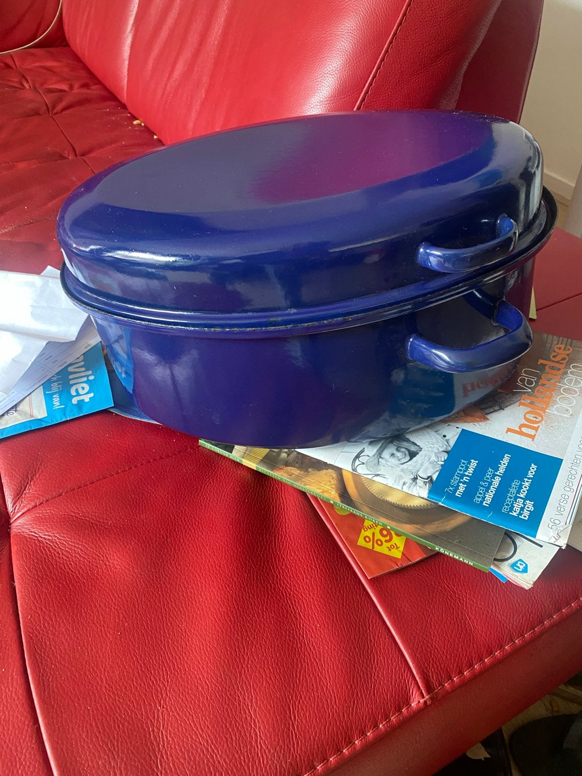 Blauwe geëmailleerde braadpan met deksel, Ophalen, Braadpan, Met deksel, Zo goed als nieuw