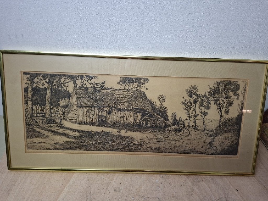 “Oud Saksische Boerenschuur in Twente” – Cor van der Woerd, Antiek en Kunst, Kunst | Etsen en Gravures, Ophalen, Landschap, Ets