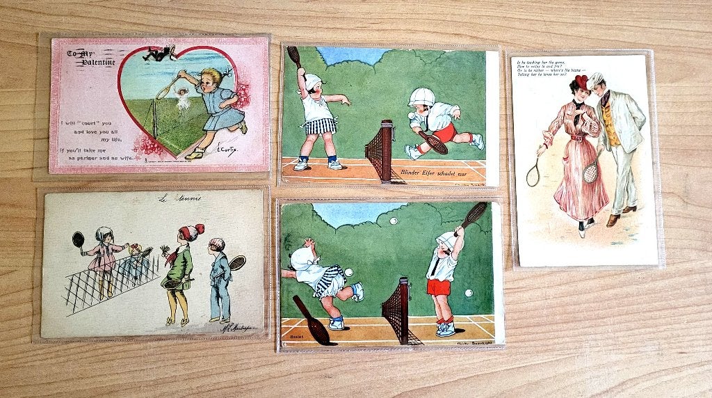 5 prachtige fantasie ansichtkaarten sport tennis, Ophalen of Verzenden, 1920 tot 1940