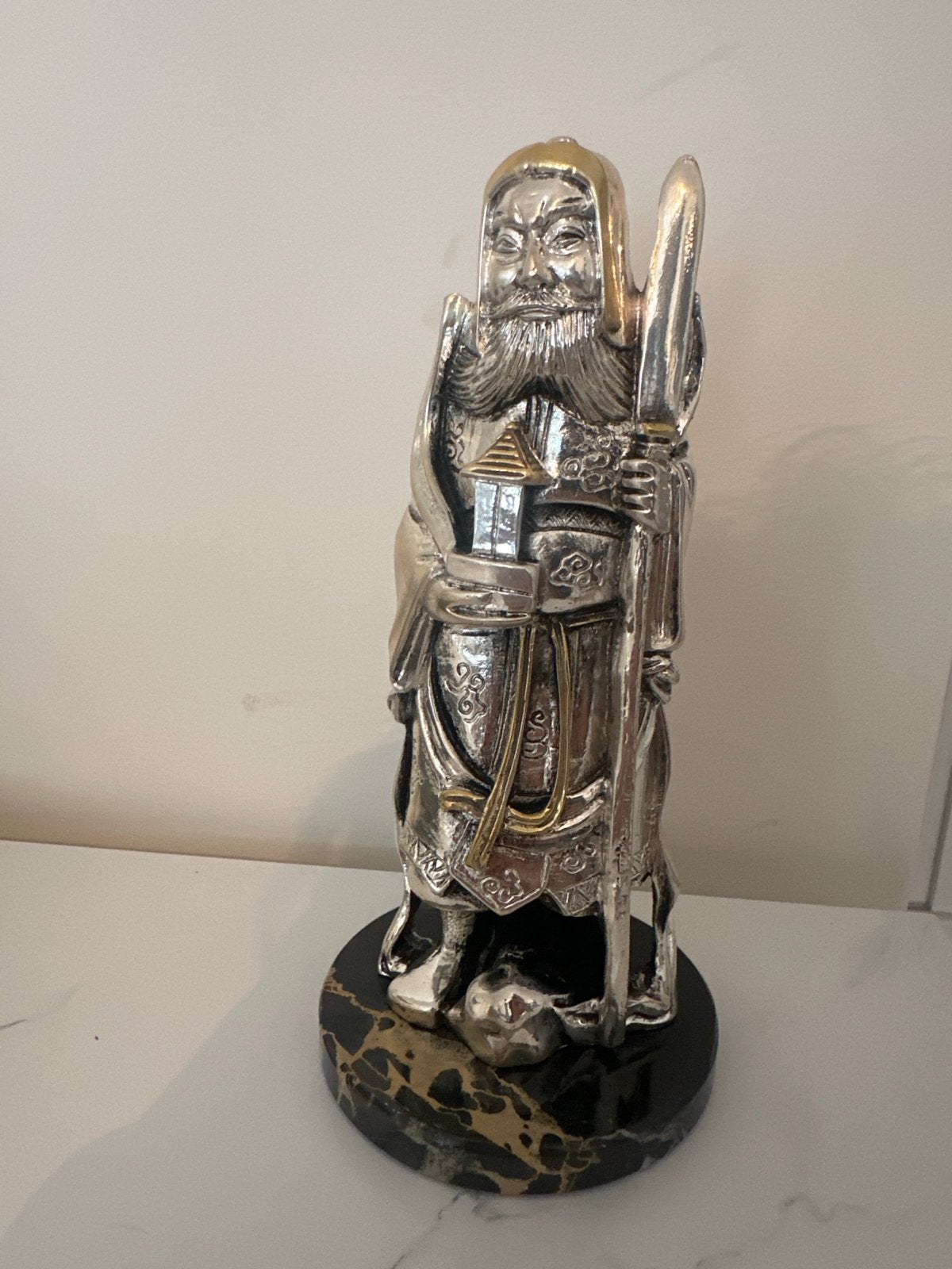 Zilver Oosters Beeldje op Marmeren Voet, Minder dan 20 cm, Gemerkt, Beeld, Azië