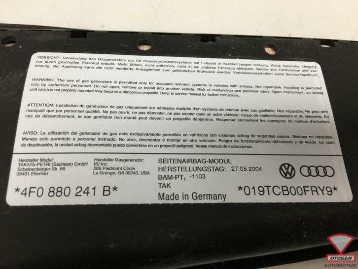 audi a6 4f stoelairbag stoel airbag links 4f0880241b, Gebruikt, AUDI AG, Auto-Union-Strasse 1
85045  Ingolstadt, DE, Kundenbetreuung@audi.de