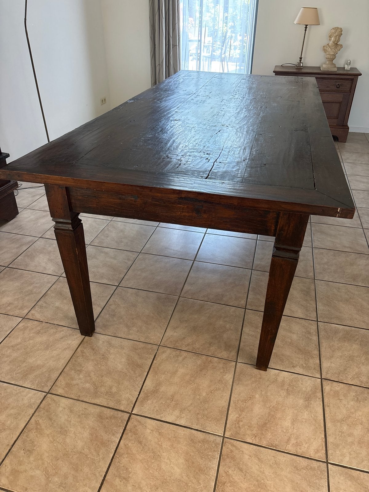 Grote Teak Eettafel 220cm – Prachtig Warm Koloniaal Hout, Ophalen, Gebruikt, 100 tot 150 cm, 200 cm of meer