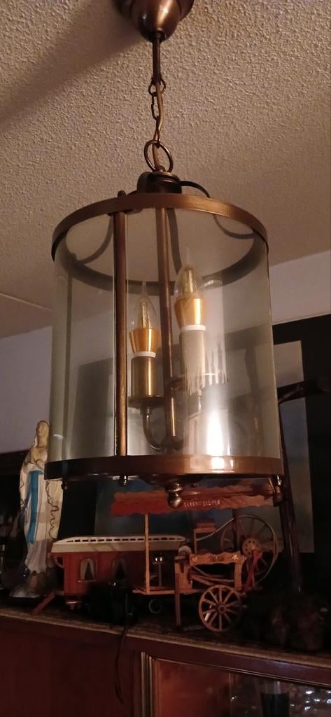 Vintage hanglamp met glazen cilinder en messing details € 75, Ophalen