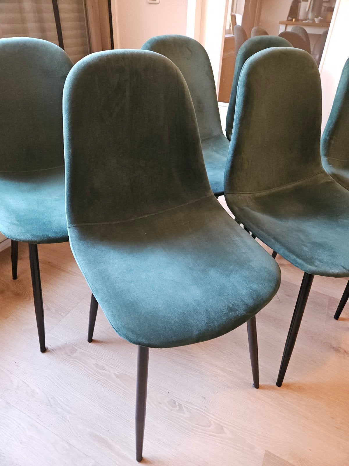 6x Groene velvet eetkamerstoelen - Zo goed als nieuw, Ophalen, Overige kleuren, Modern, Fluweel, Comfortabel, Velvet, Zo goed als nieuw
