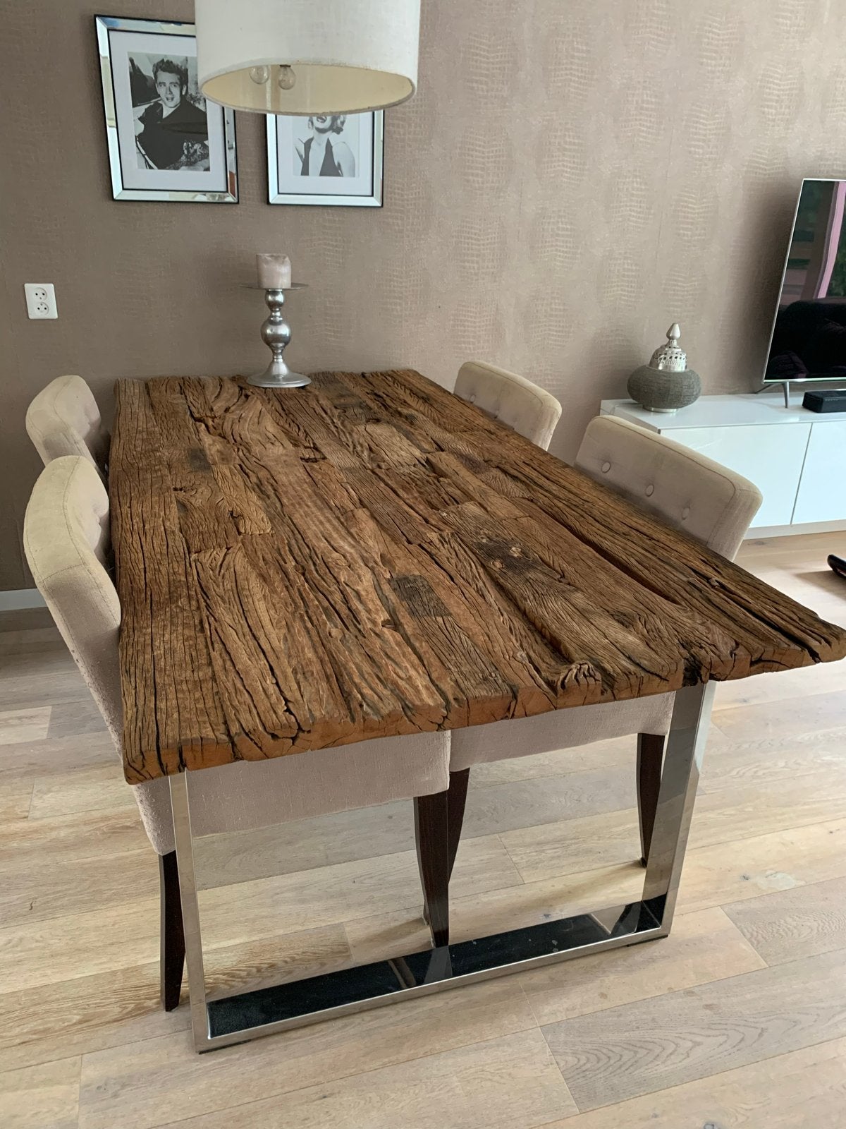 Railway houten eettafel met metalen onderstel, Ophalen, 50 tot 100 cm, Zo goed als nieuw, 150 tot 200 cm