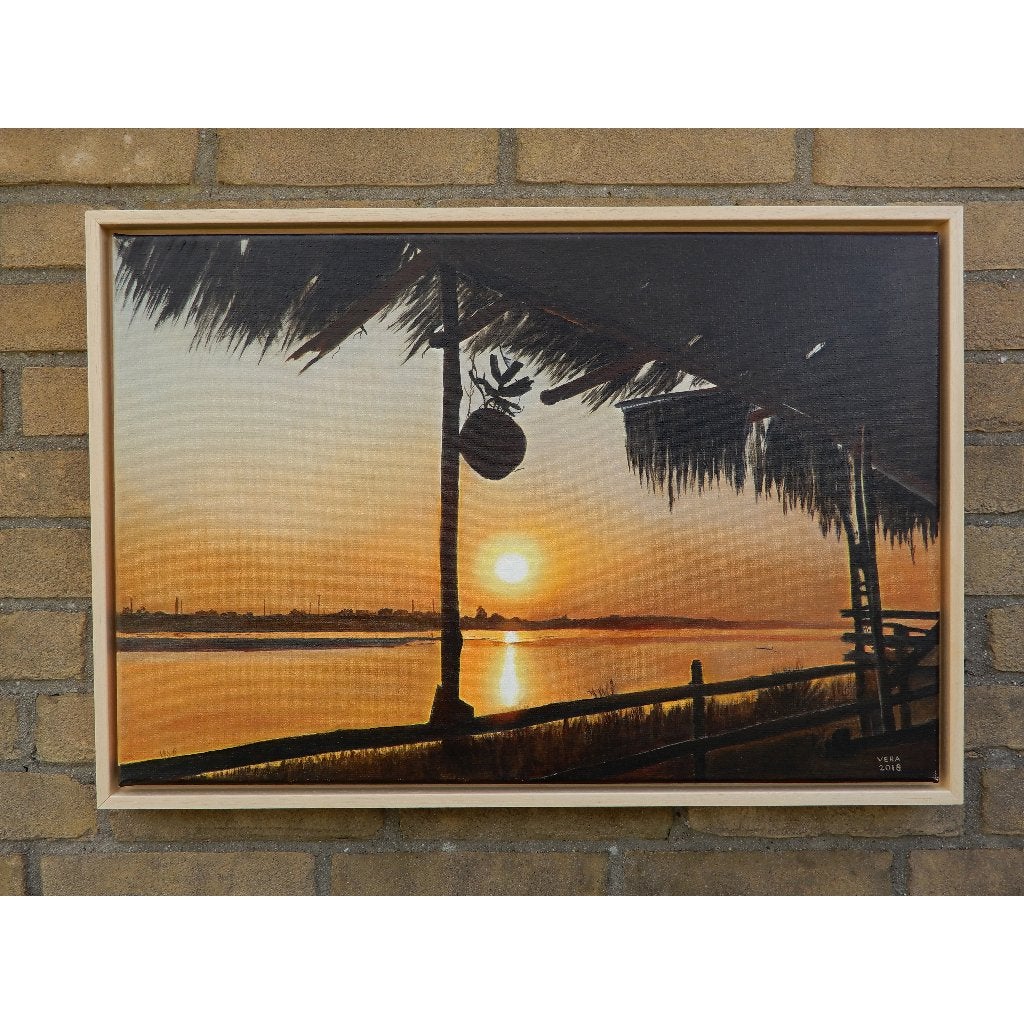 Schilderij Vientiane Laos bij zonsondergang, Doek, Ophalen of Verzenden, Landschap, Olieverf