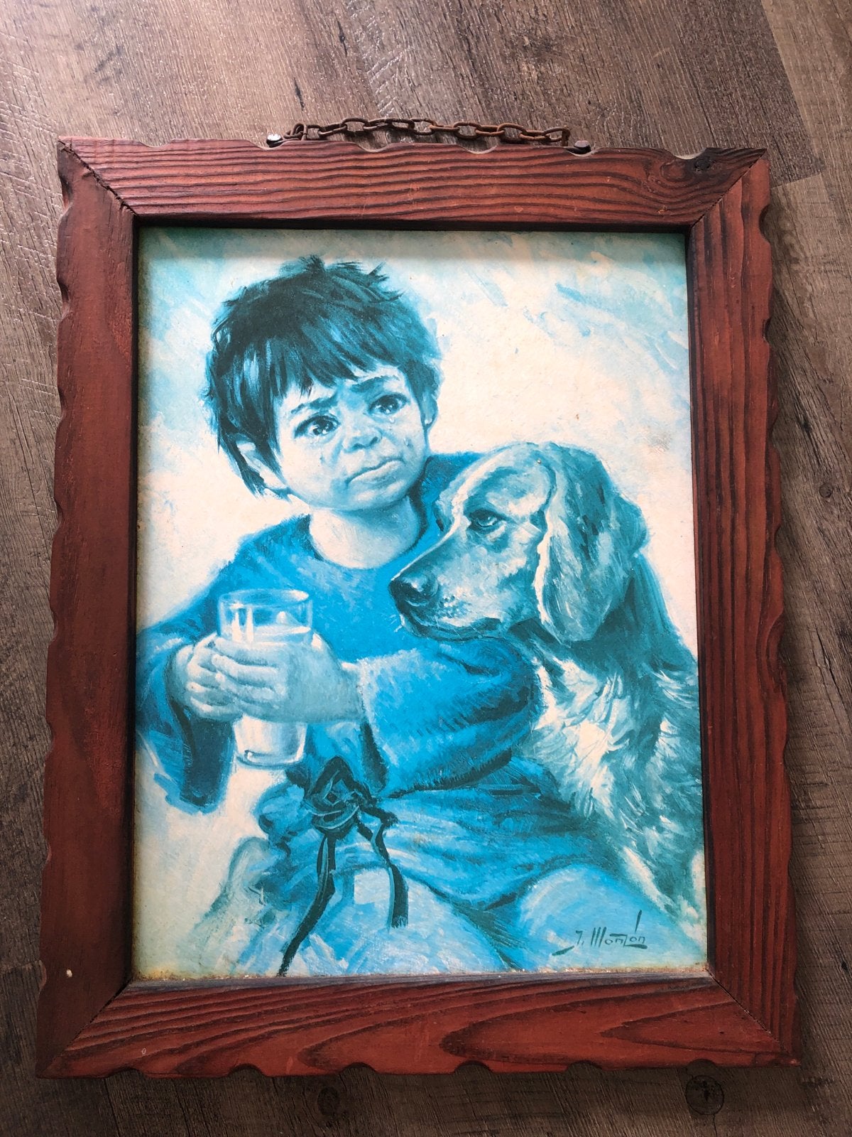 Vintage Schilderij: Jongen met Hond en Melk, Doek, Portret of Personen, Ophalen of Verzenden, Olieverf