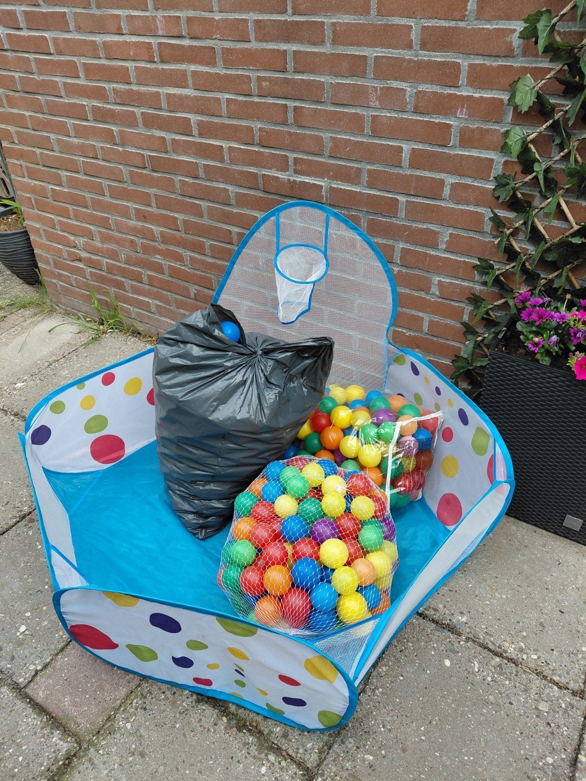 Ballenbak met veel gekleurde ballen, Ophalen