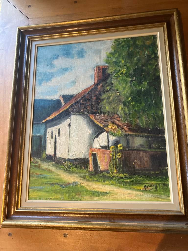Olieverfschilderij 'Huisje in het groen' gesigneerd, Ophalen of Verzenden