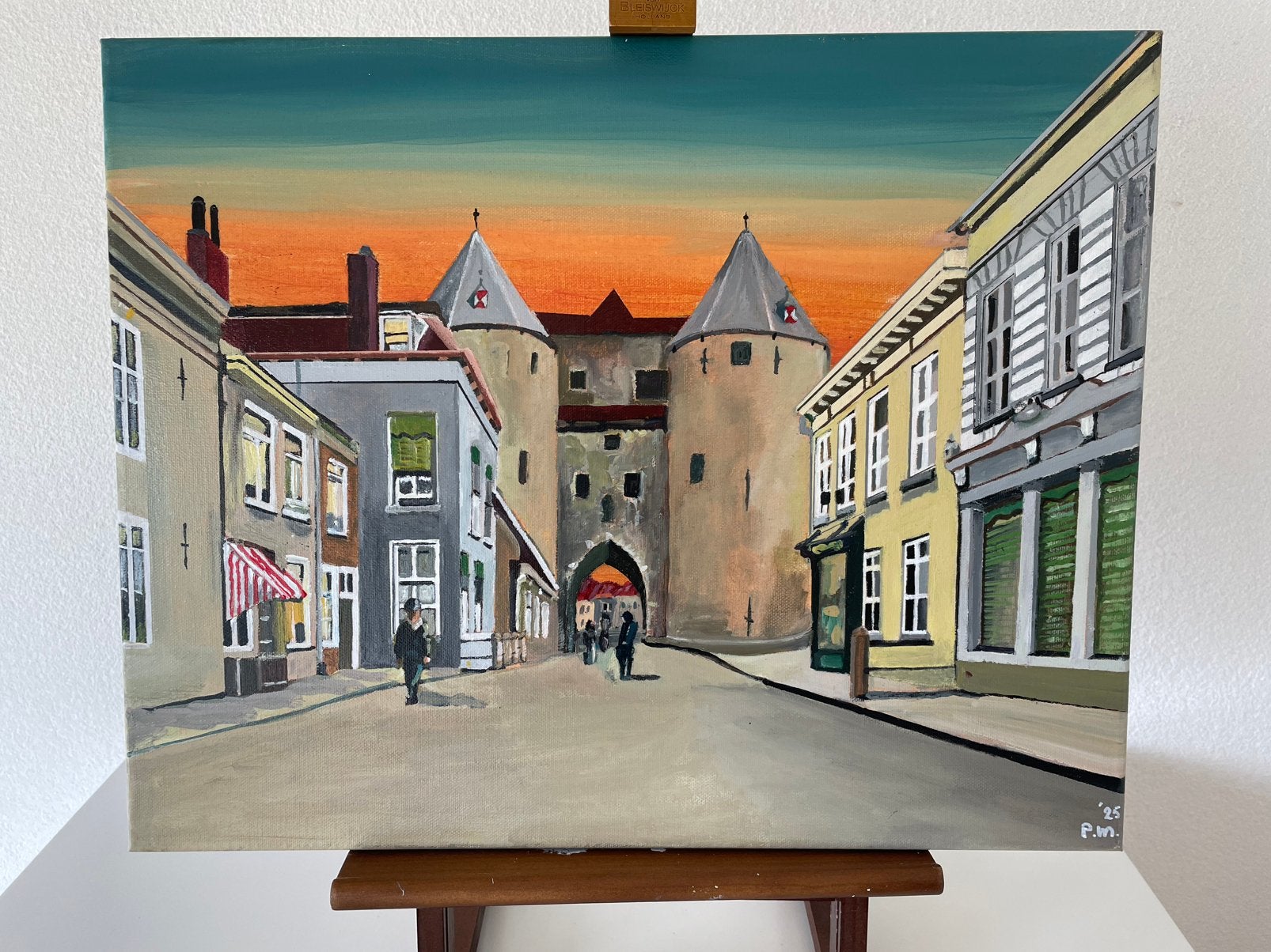 Schilderij Gevangenpoort Bergen op Zoom, Antiek en Kunst, Ophalen, Gelakt/vernis, Acrylverf, Stadsgezicht