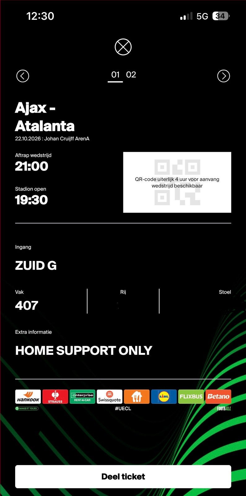 2 Ajax – Atalanta tickets naast elkaar, Losse kaart, Twee personen, Oktober, Europa of Champions League