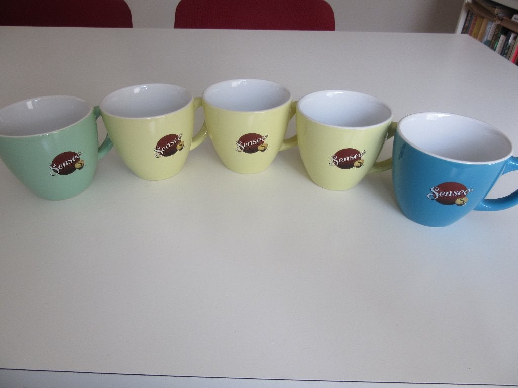 5x grote mok beker kop senseo logo Douwe Egberts D.E. geel, Overige materialen, Overige merken, Zo goed als nieuw, Overige stijlen