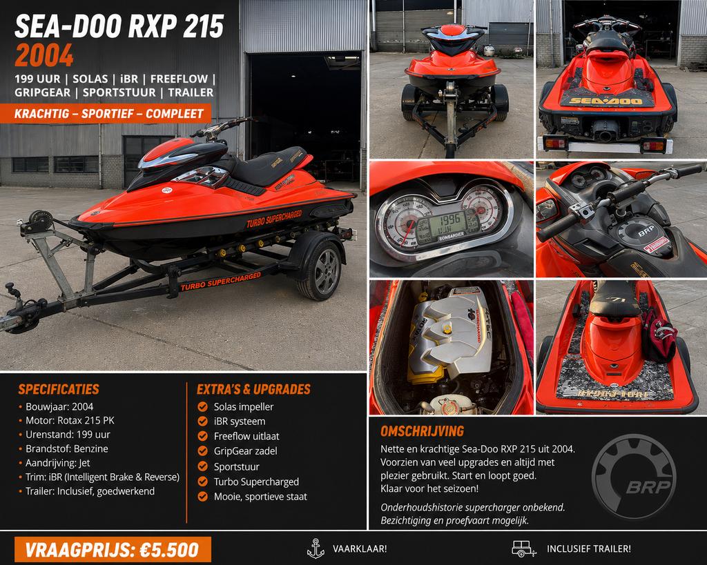 Seadoo RXP 215 (inc. Trailer), Watersport en Boten, Ophalen of Verzenden, Zo goed als nieuw, Motor en Techniek, Motorboot
