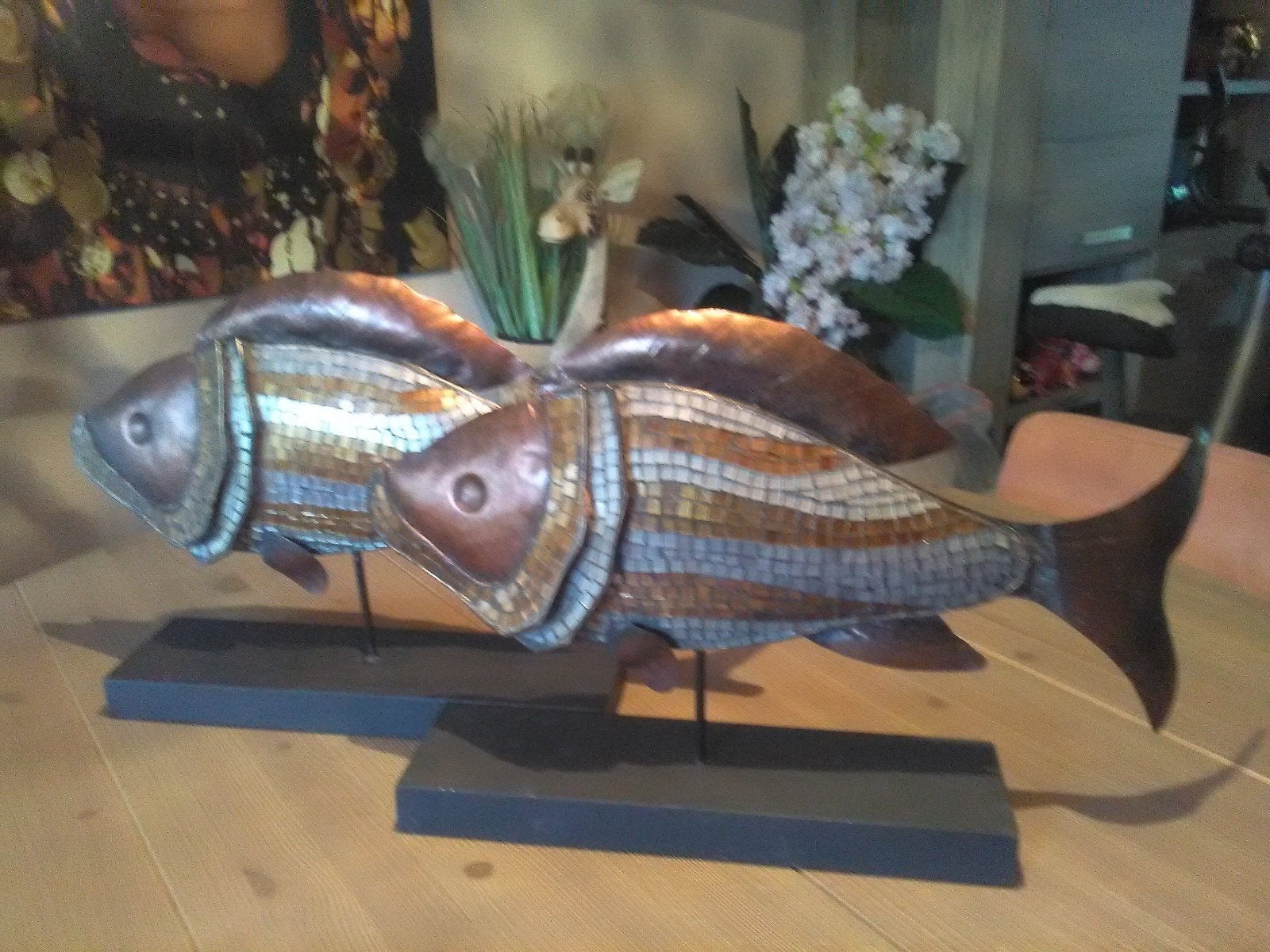 Decoratieve vissen op standaard - Mozaïek en metaal,31hg-51L, Ophalen of Verzenden
