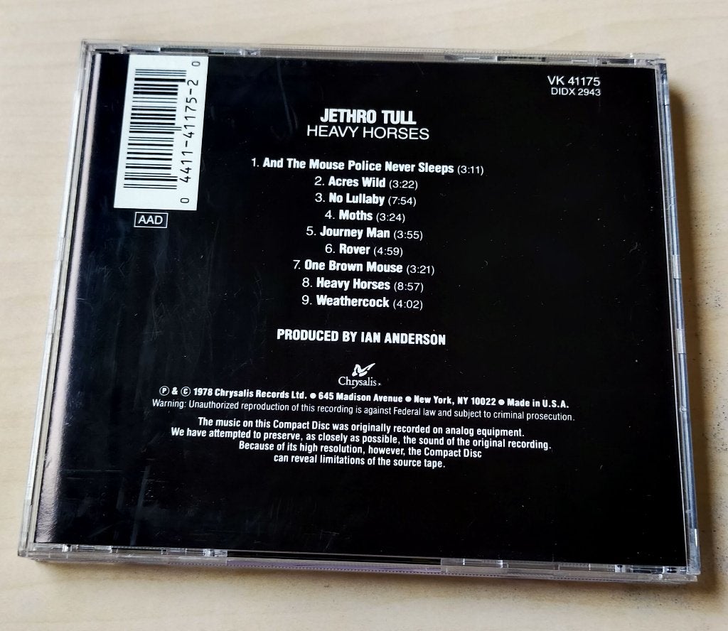 Jethro Tull - Heavy Horses CD 1978/198? USA, Ophalen of Verzenden, Zo goed als nieuw, Progressive Rock