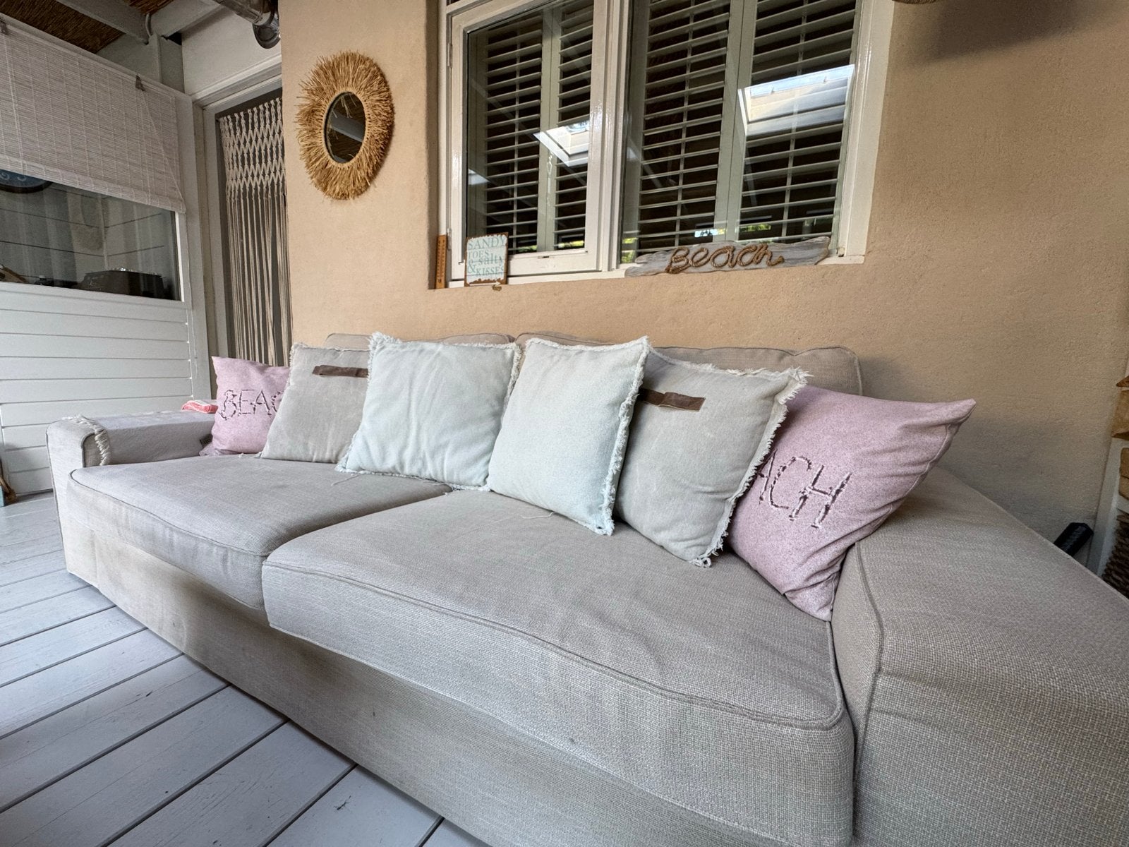 Comfortabele 2,5 persoons bank, beige stof, Ophalen, Gebruikt, Tweepersoons, 75 tot 100 cm