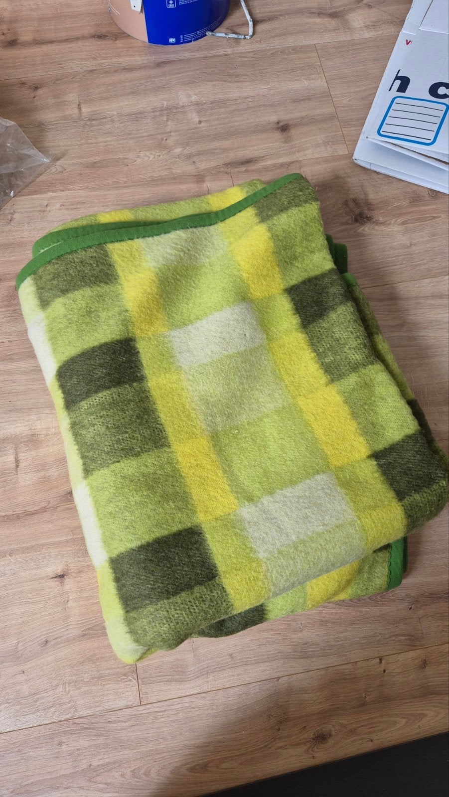 Vintage Aabe wollen deken - Geel/Groen geruit, Ophalen, Overige merken, Gebruikt, Meerkleurig