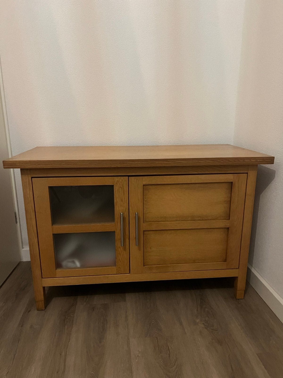Houten tv kastje, Ophalen, Gebruikt, 100 tot 150 cm, 25 tot 50 cm