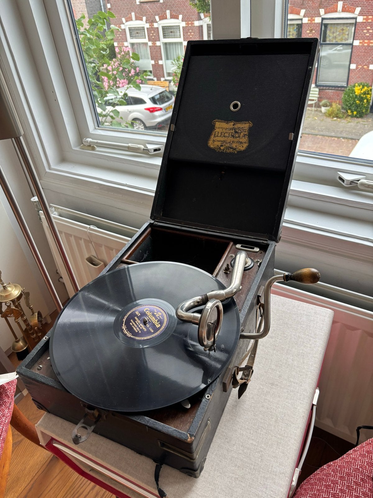Antieke Electrola koffergramafoon met 78 toeren platen, Audio, Tv en Foto, Platenspelers, Ophalen of Verzenden, Gebruikt, Platenspeler