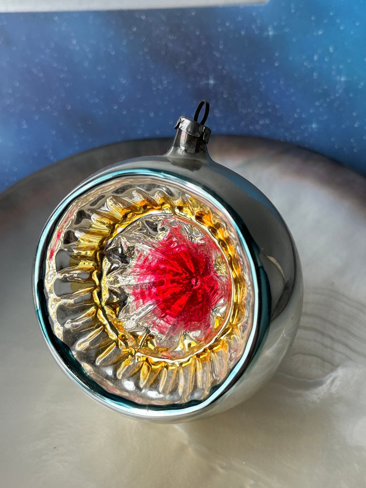 Oude glazen kerstbal (nr. 22): deuk, reflector, Gebruikt, ., Ophalen of Verzenden, .