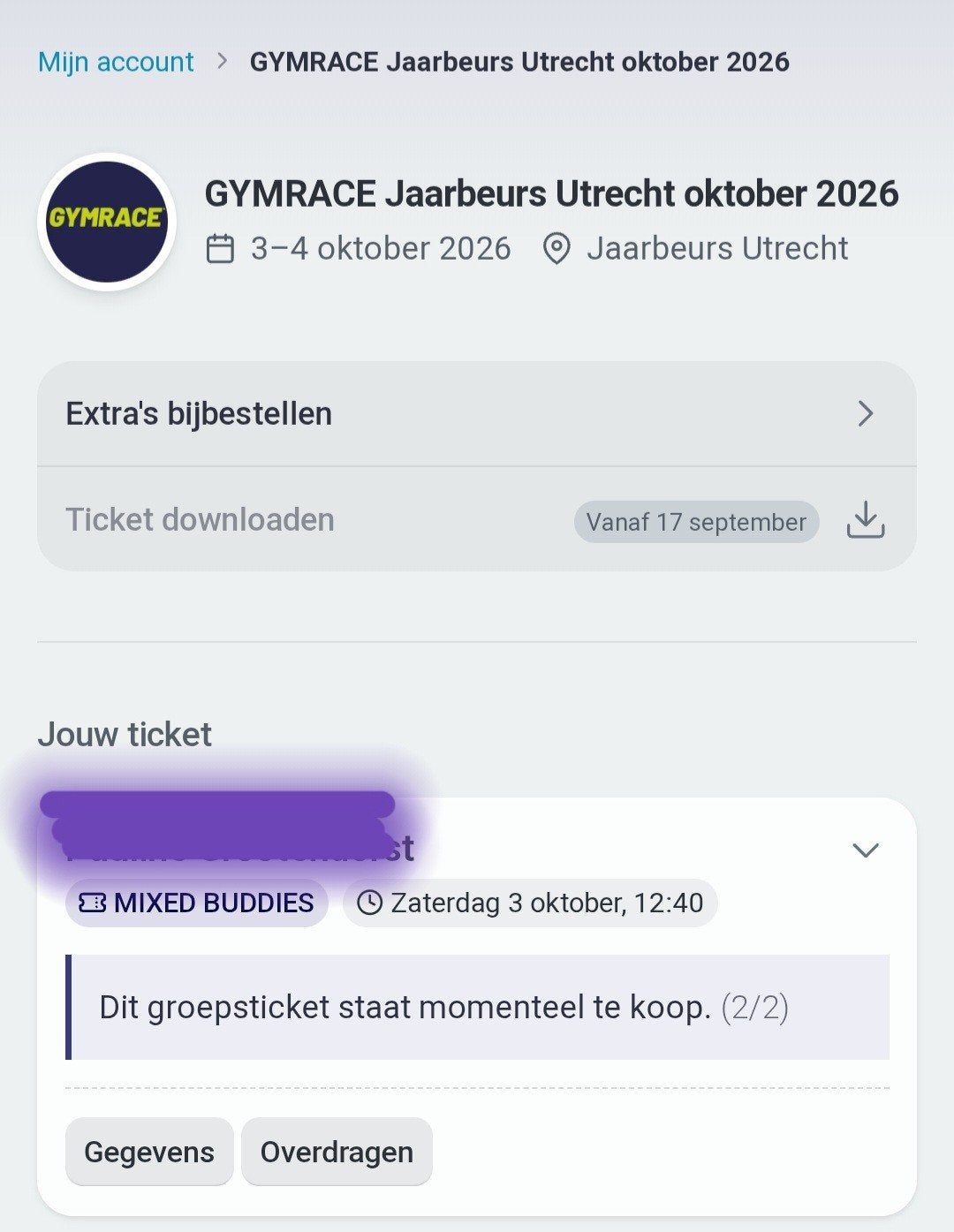 Kaarten mixed buddies Gymrace Jaarbeurs 3 oktober!, Tickets en Kaartjes, Twee personen, Oktober