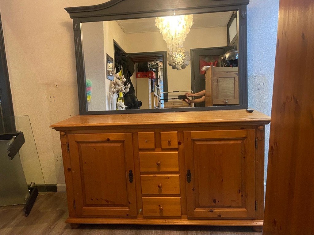 grenen dressoir met grote spiegel erboven, Huis en Inrichting, Kasten | Dressoirs, Ophalen, Gebruikt, Met deur(en), Grenen