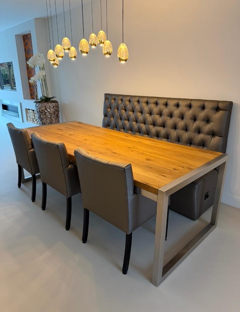 Houten tafel met RVS onderstel, Huis en Inrichting, Tafels | Eettafels, Ophalen, Gebruikt, 200 cm of meer, 50 tot 100 cm