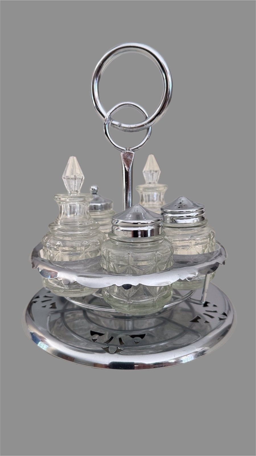 Luxe draaibaar peper, zout, olie, azijn en mosterd rekje, Ophalen, Zilver, Overige merken, Glas