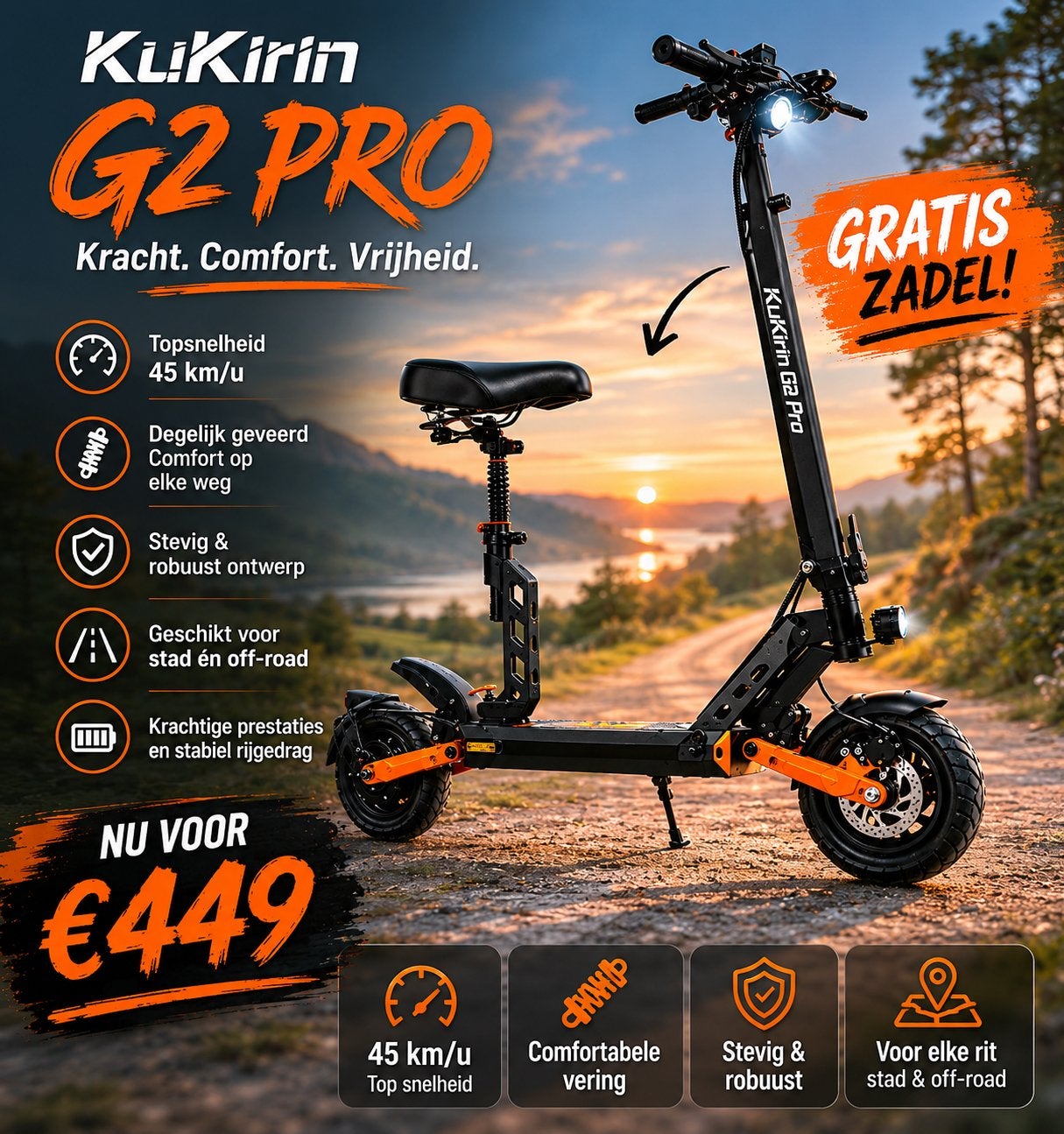 Kukirin G2 Pro Elektrische Step - 45 km/u Krachtig robuust, Ophalen of Verzenden, Nieuw, Elektrische step (E-scooter)