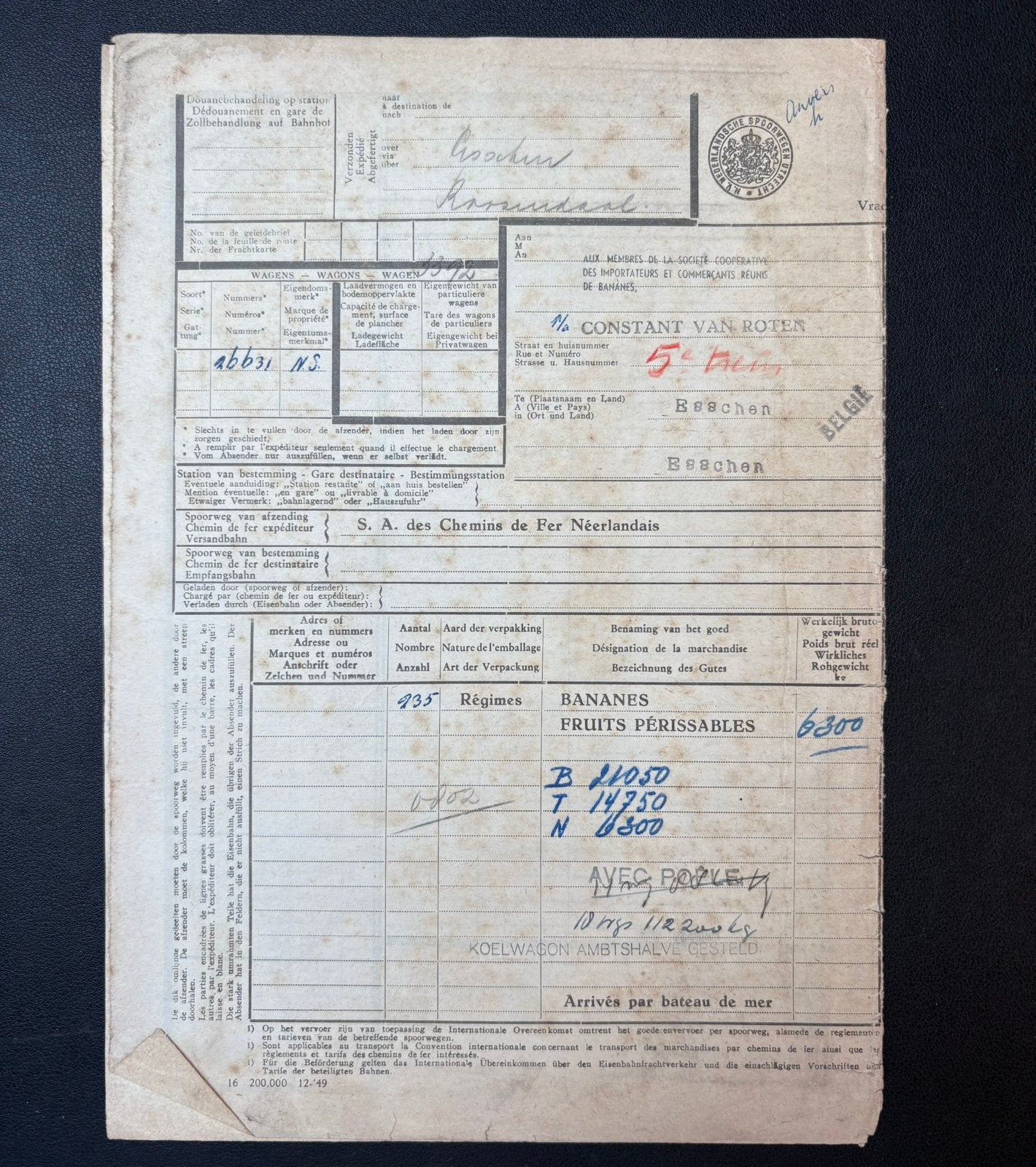 Vrachtbrief bananen van Rotterdam Zuid naar Essen (1950), Ophalen of Verzenden, Gebruikt, Trein