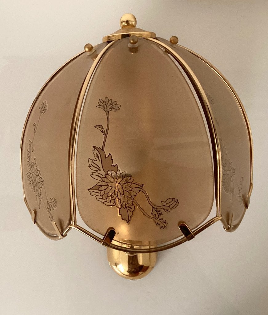 Vintage retro jaren 70 Hollywood Regency rookglas wandlamp, Ophalen of Verzenden, Gebruikt, Glas
