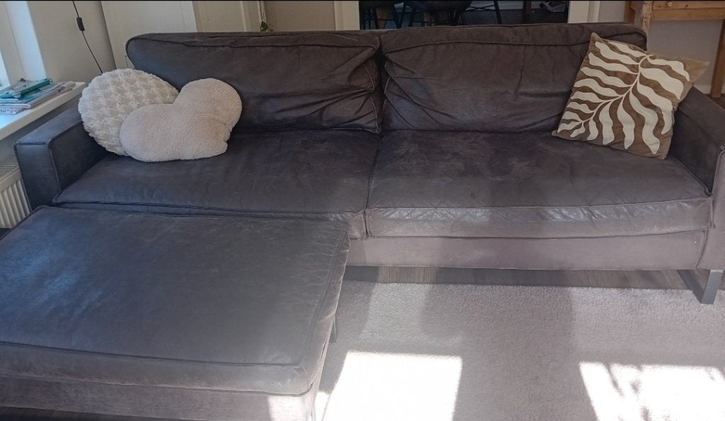 Mooie leren bank met Hocker, Ophalen, Gebruikt, Driepersoons, 200 tot 250 cm