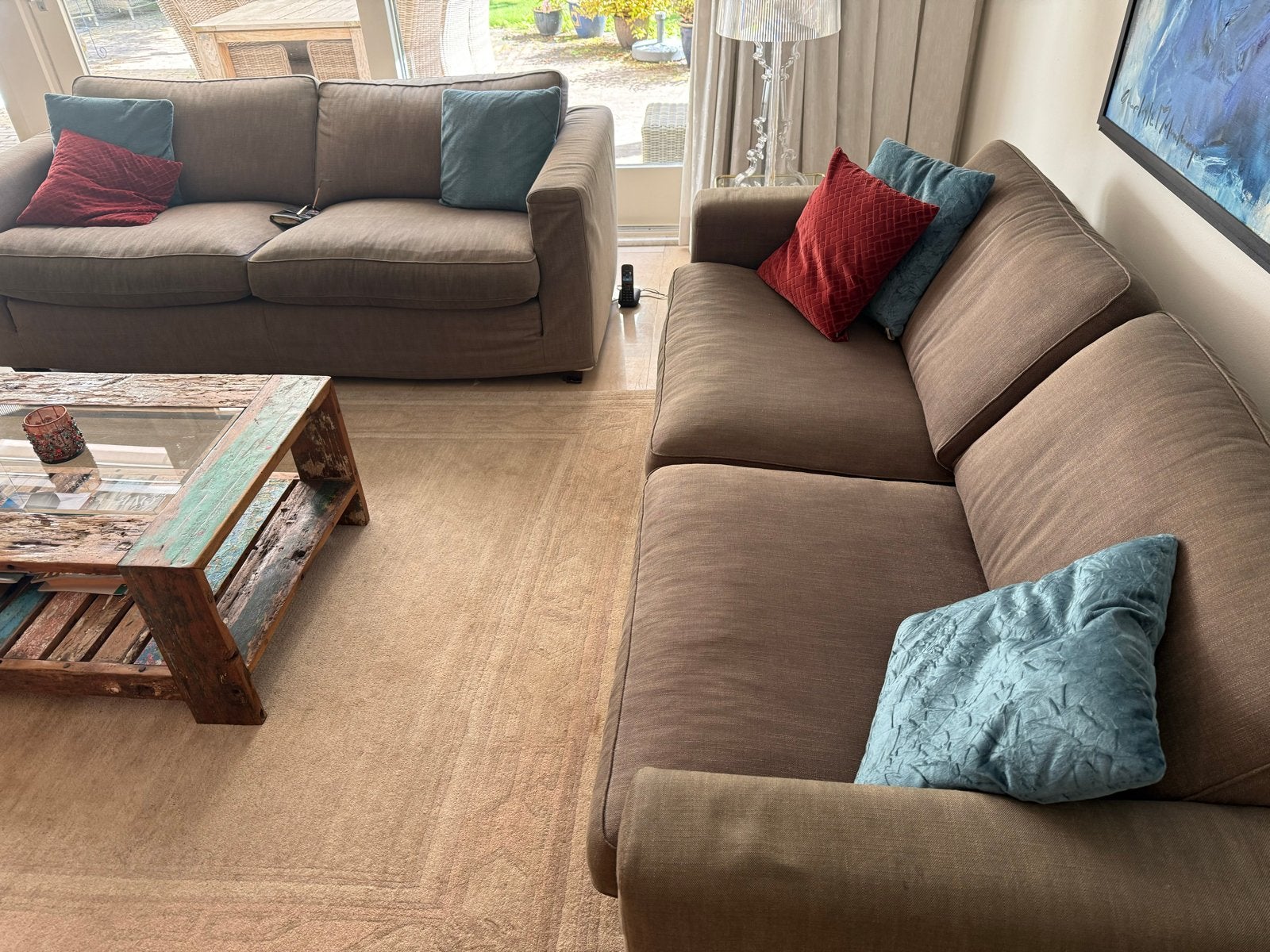 Comfortabele linteloo bruine merkbanken (2 stuks) 210x90 cm, Ophalen, Gebruikt, Driepersoons, 75 tot 100 cm