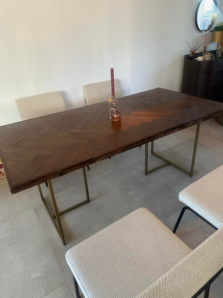 Vintage Eettafel Lumz 90x180 Visgraat Messing Poten, Huis en Inrichting, Tafels | Eettafels, Zo goed als nieuw, 50 tot 100 cm